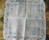 LOVELY Vintage BRIDAL Hanky,Wedding Handkerchief WIDE French Lace Hankie,Embroidered Pink and Blue Roses,Something Old Collectible Hankies