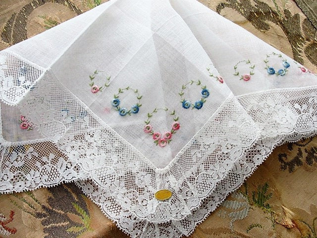LOVELY Vintage BRIDAL Hanky,Wedding Handkerchief WIDE French Lace Hankie,Embroidered Pink and Blue Roses,Something Old Collectible Hankies
