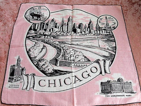 VINTAGE Art Deco Pink and Black Old CHICAGO Hanky Decorative Handkerchief,Wrigley Building, Michigan Ave etc,Frame It, Collectible Hankies