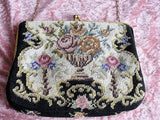 CHARMING Antique Petit Point Needlework Purse, Colorful Pink Roses Flowers Handbag, Urn Full of Flowers Bag,Collectible Evening Bags Purses