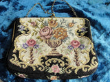 CHARMING Antique Petit Point Needlework Purse, Colorful Pink Roses Flowers Handbag, Urn Full of Flowers Bag,Collectible Evening Bags Purses