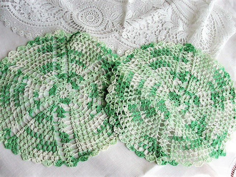 CHARMING Vintage Doilies, Green White, Hand Crocheted Doily Pair, French Country, Farmhouse, Romantic Cottage Decor, Collectible Doilies