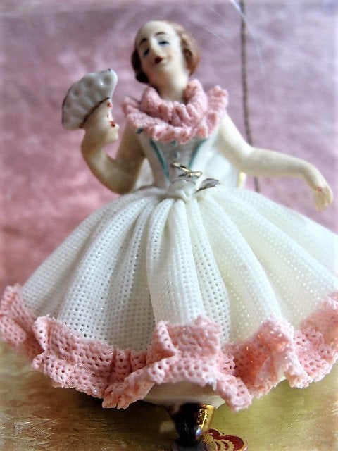RARE Antique Dresden Doll Figurine In ORIGINAL Box and Tag, Lovely Lady Figurine Holding Fan, Dresden Art,Alka Bavaria, Collectible Dresdens