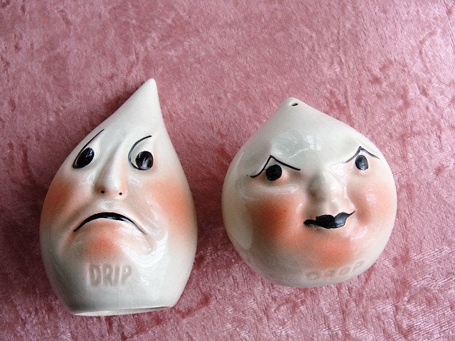 WHIMSICAL Vintage Anthropomorphic 1940s Vallona Starr Drip and Drop Salt and Pepper Shakers, California Pottery,Kitsch, Kitchen Collectibles