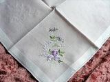 LOVELY VINTAGE HANKIE,Handkerchief,Delicate,Dainty Lilac Pansies Hand Embroidered Hanky,Sweet Raised Pansy Flowers,Something Old Bridal Gift