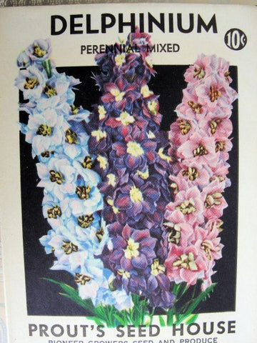 Antique Seed Packet Colorful Delphinium Flowers Suitable To Frame French Cottage Chic, Farmhouse Decor Scrapbooking Crafts Weddings Gifts