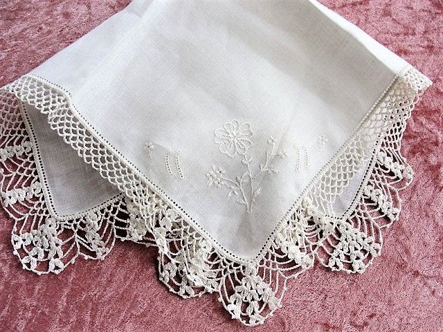 Vintage BRIDAL WEDDING Handkerchief WIDE Hand Crochet Lace Hankie Special Bridal Hanky, WhiteWork Flowers Embroidery, Collectible Hankies