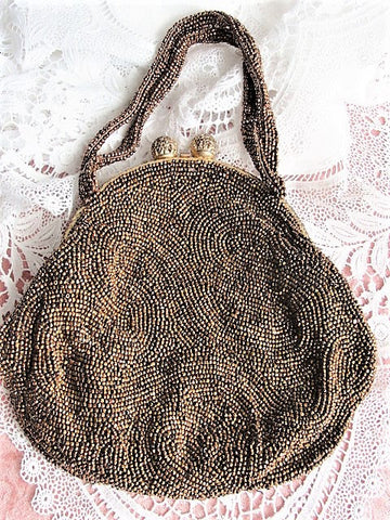 BEAUTIFUL 1920s 30s Art Deco Purse, Belgium Evening Bag,Copper Bronze Micro Beaded HandBag, Flapper Era Collectible Antique Purses