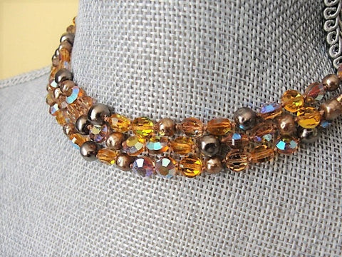 Vintage 50s GLITTERING Necklace, Faceted Amber,AB Crystals,Pearls Necklace,Sparkling Triple Strand, Bride Wedding Evening Vintage Jewelry