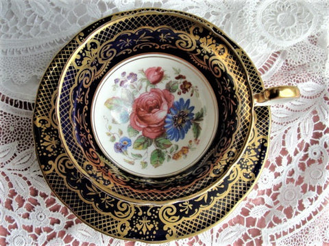 VINTAGE Aynsley English Bone China Sumptuous Cabinet Teacup and Saucer Cobalt Blue Lavish Gold Pattern Luxurious Cup and Saucer