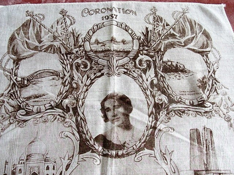 1937 CORONATION Handkerchief Queen Elizabeth Queen Mother,Royalty Souvenir Hanky,English Royal Memorabilia,RARE Collectible Royalty Item