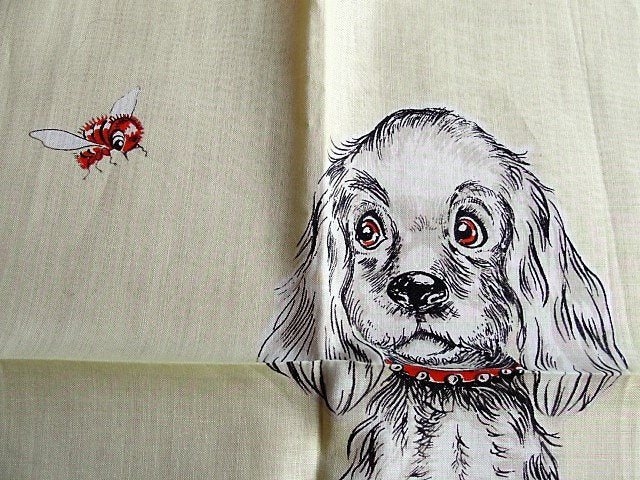 ADORABLE Mid Century Dog Hankie, Vintage Handkerchief Hanky, Spaniel Dogs Hankie, Vintage Dog Lover Hankies,Collectible Animal Hankies