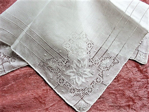 Vintage MADEIRA Hand Embroidered Applique Hankie Handkerchief White Work Embroidery FLORAL Openwork Wedding Bridal Bridesmaids Special Hanky
