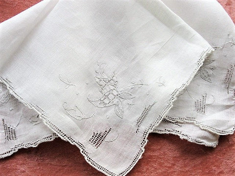 Vintage MADEIRA Hand Embroidered Applique Hankie Handkerchief White Work Seed Embroidery,Openwork Wedding Bridal Bridesmaids Vintage Hankies