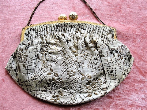 GORGEOUS 1920s Art Deco FRENCH Brocade Purse Evening Bag,Shimmering Silver and Metal Gold Flapper Era Collectible Antique Purses, Bridal Bag