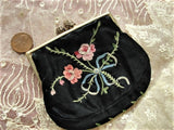 LOVELY Antique FRENCH Embroidered Change Purse,Pink Roses,Blue Bow, Handbag  Purse,Evening Clutch, Collectible Purses, Made in France