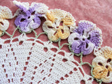 VINTAGE Hand Crochet FIGURAL PANSY Edged Doily, Lovely Colorful Figural Doily, Farmhouse, French Country Decor, Collectible Vintage Doilies