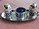 VINTAGE English Silver Codiment Set and Tray, Elegant Silver Plate and Cobalt Blue Glass Liners,Salt and Pepper Shakers, Wedding Gifts