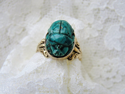 GORGEOUS Antique Ring EGYPTIAN SCARAB Ring Porcelain and Gold ,Hieroglyphics Egyptian Revival Vintage Blue Green Beetle Jewelry,Collectible