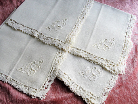 BEAUTIFUL Vintage 1920s Lace and Linen Napkins Set,Fine Linen,Luncheon or Dinner Napkins,Tea Time Napkins,Farmhouse,French Cottage Linens