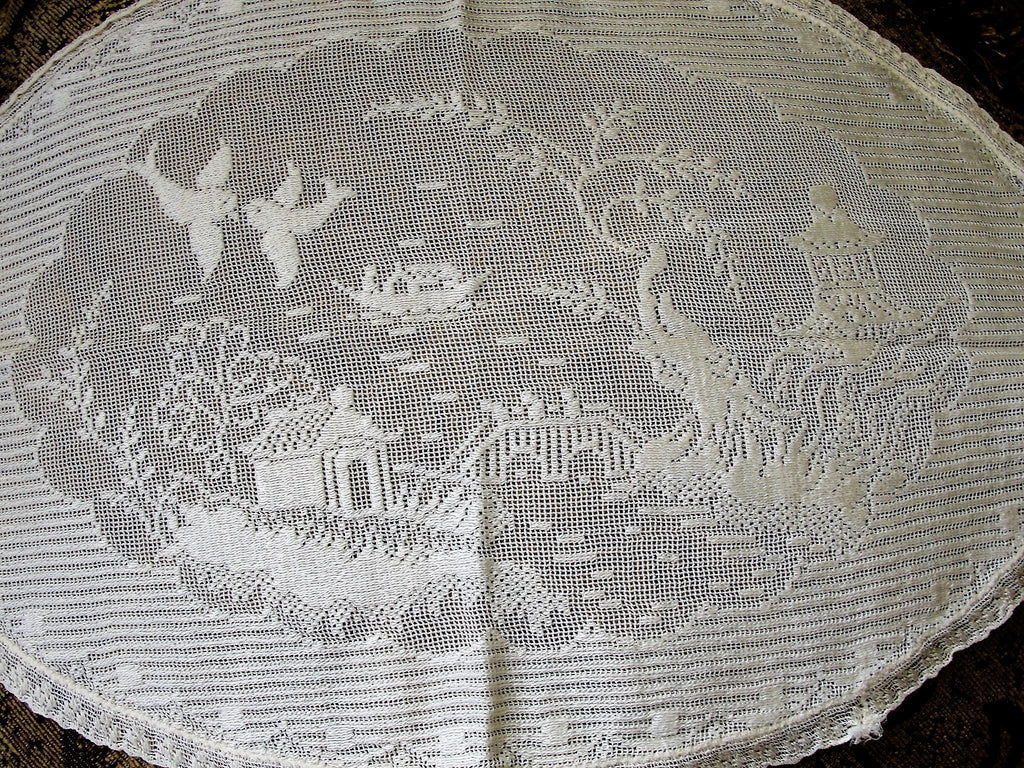 ANTIQUE Old Blue Willow Lace Doily, Lace Old Willow Pattern, Lace Centerpiece, Perfect Tray Cloth Doily,Blue Willow,Farm House, French Decor