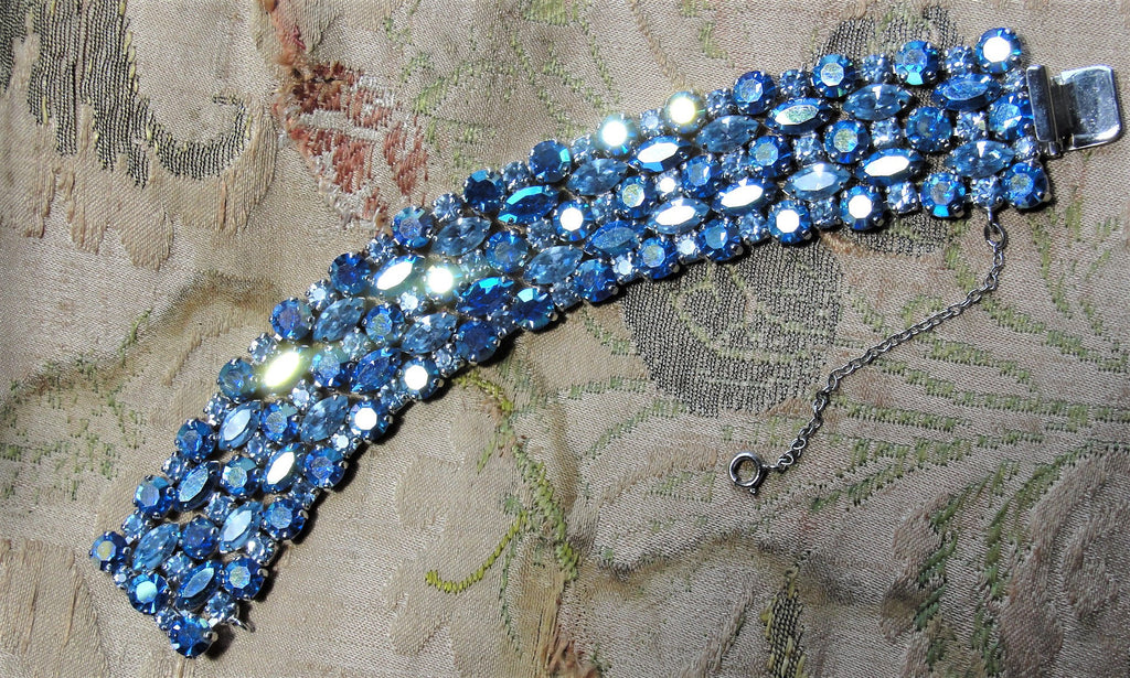 Vintage SHERMAN 5 Row Bracelet,Prong Set,BLUE Brilliant Rhinestones,Dazzling Swarovski Crystal,Collectible Glittering Signed Sherman Jewelry