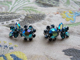GLAMOROUS Vintage 50s SHERMAN Earrings,Peacock Blue Aurora Borealis Earrings,Navette Rhinestone Clip On Sherman Earrings,Collectible Jewelry
