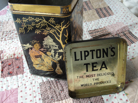 DECORATIVE Vintage Tea Tin,Lipton Tin,Farm House Decor,Tea Canister,Oriental Decor,Black Gold Tin,Antique Tins,Collectible Advertising Tins