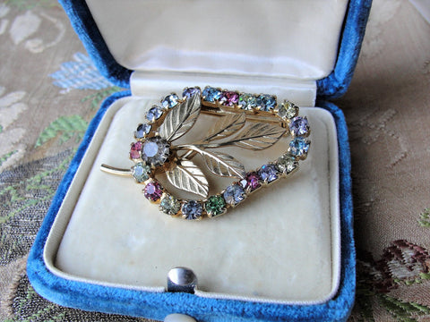 LOVELY Vintage Glittering Pastel Color Rhinestones Brooch,Prong Set,Brilliant Pinks Blues Citrine Rhinestones,Leaf Pin,Collectible Jewelry