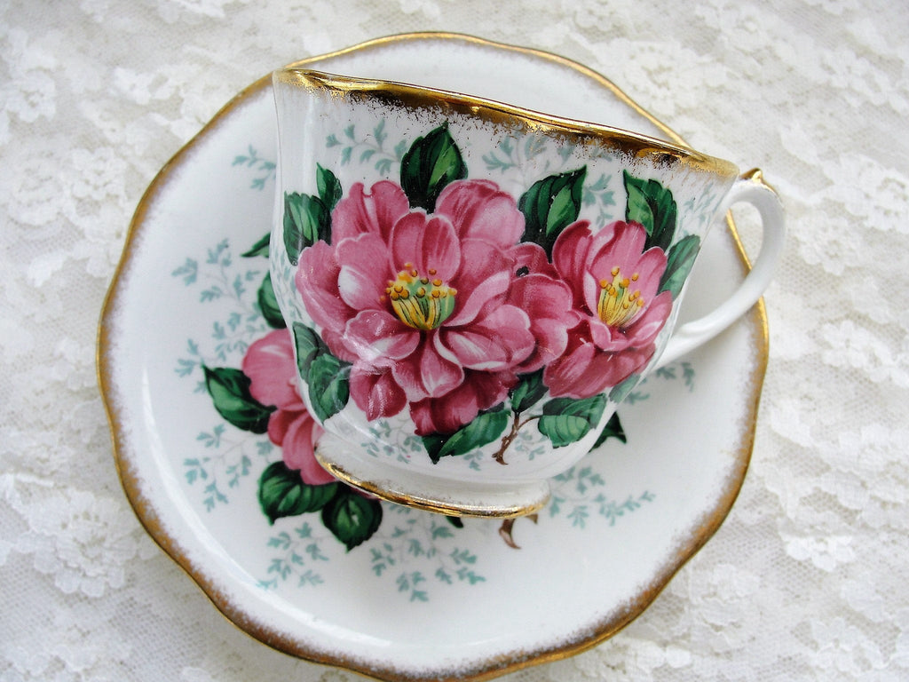 VINTAGE Queen Anne English Bone China Lovely Teacup and Saucer PINK Flowers CAMELLIA Pattern Lavish Gold Trim Collectible Cup and Saucer