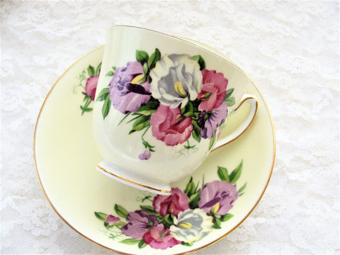 VINTAGE Duchess English Bone China Teacup and Saucer Sweet Peas Pattern,Pretty Pink Purple Flowers,Lavish Gold Trim, Pedestal Cup and Saucer