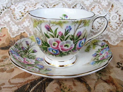 VINTAGE Royal Albert English Bone China Teacup n Saucer Fringed Gentian Pattern,Colorful Flowers,Lavish Gold Trim, Pedestal Cup and Saucer