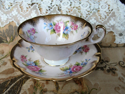 VINTAGE EB Foley English Bone China Sumptuous Cabinet Teacup and Saucer Pink Teacup, Pink Blue Flowers, Lavish Gold,Luxurious Cup and Saucer