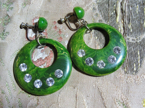 FANTASTIC Vintage 1940s BAKELITE Earrings,Green Marbled Bakelite Hoop and Paste Stones Earrings,Screw Backs Screwback, Art Deco Collectible