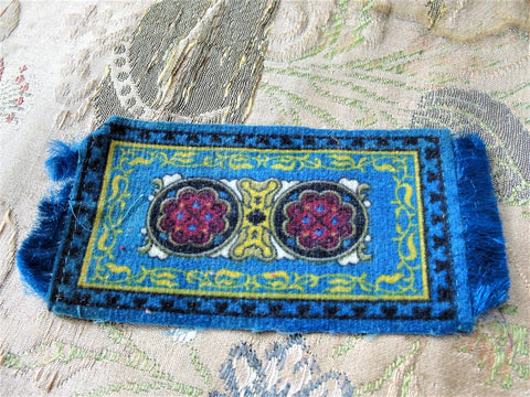 Beautiful Antique Miniature Doll House Intricate Mini Carpet Rug Tobacco Premium from 1910 Lovely Blue Gold Pattern Fringed Doll size Rug