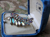 SPARKLING Vintage 50s Brooch,GLITTERING Blue Pink Gold Aurora Borealis Stones,Lovely Rhinestone Pin,Leaf Motif Pin,Collectible Jewelry
