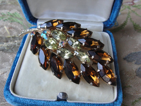 Vintage Glittering TOPAZ CITRINE Aurora Borealis Rhinestone Brooch,Prong Set,Brilliant Rhinestones,Swarovski Crystal,Collectible Jewelry