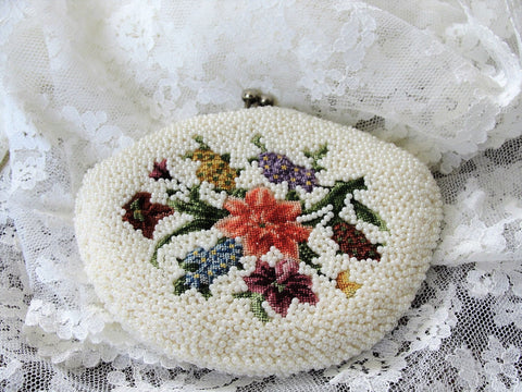 GORGEOUS 1950s Glass Beaded and Petit Point Purse Evening Bag,Lush White Glass Beads,Floral Needlework Collectible Purses,Bridal Handbag