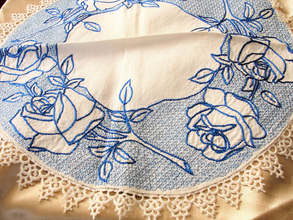 ANTIQUE Linen Table Centerpiece ROSES Embroidery, AMAZING Handwork,Blue Roses,Tatting Lace,Mission Oak Furniture, French Country, Farmhouse