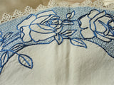 ANTIQUE Linen Table Centerpiece ROSES Embroidery, AMAZING Handwork,Blue Roses,Tatting Lace,Mission Oak Furniture, French Country, Farmhouse