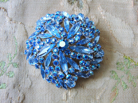 Vintage SHERMAN Signed Glittering BLUE Rhinestones,Domed Circular Swirl Brooch,Dazzling Swarovski Crystal,Collectible Jewelry,1950s Brooches