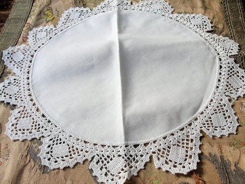 BEAUTIFUL Antique Linen Doily,Hand Crochet Fine Lace Trim,Table Topper,Decorative Vintage Linens Chateau Chic,French Cottage Farmhouse Decor