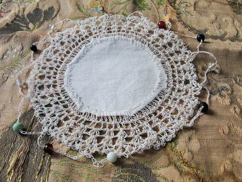 ANTIQUE Milk Cream Jug Bead Edge Linen Doily,Lace and Beaded Doily,Decorative Vintage Linens Chateau Chic,French Cottage Farmhouse Decor