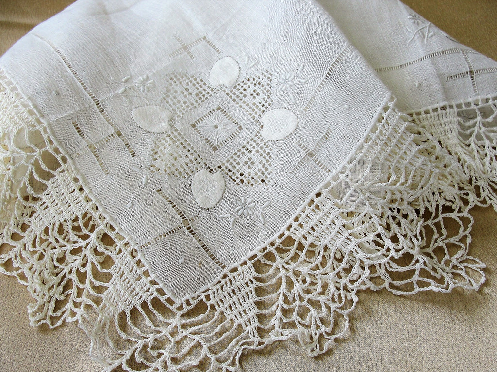 LOVELY Vintage BRIDAL Wedding Handkerchief WIDE Hand Crochet Lace Hankie Special Hanky, WhiteWork Flowers Embroidery, Collectible Hankies