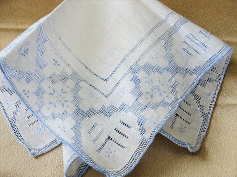 LOVELY Vintage Appenzell WEDDING HANDKERCHIEF,Open Work,Linen Bridal Hanky,Blue Raised Embroidery Hankie,Something Blue,Collectible Hankies