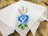 LOVELY Vintage Hankie, Handkerchief ,Delicate Dainty Hand Embroidery, BLUE and PINK Roses Flowers Hanky, Bridal Hankies, Vintage Hankies