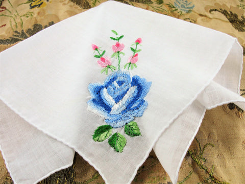 Lovely Floral Embroidered Hanky,Vintage Handkerchief, Pink Rose Buds,F