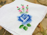 LOVELY Vintage Hankie, Handkerchief ,Delicate Dainty Hand Embroidery, BLUE and PINK Roses Flowers Hanky, Bridal Hankies, Vintage Hankies