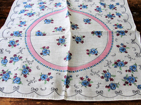 50s VINTAGE Printed Floral Hanky,Colorful PINK and BLUE Flowers hankie,Handkerchief To Frame,Collectible Hankies,Bridal, Hankies To Collect