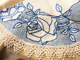 ANTIQUE Linen Table Centerpiece ROSES Embroidery, AMAZING Handwork,Blue Roses,Tatting Lace,Mission Oak Furniture, French Country, Farmhouse